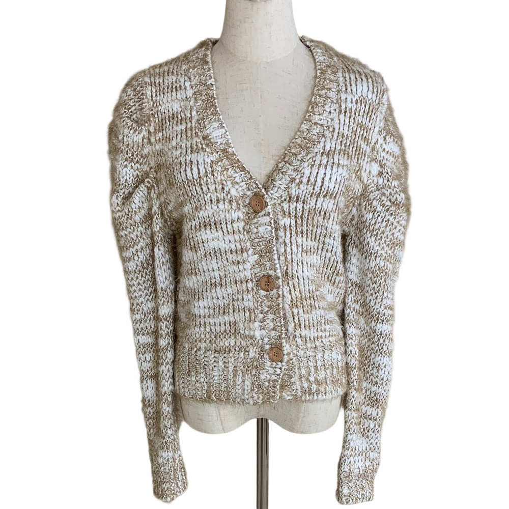 Jacquie the Label Cardigan Womens Small Cream Puff Sleeve Chunky Knit Sweater